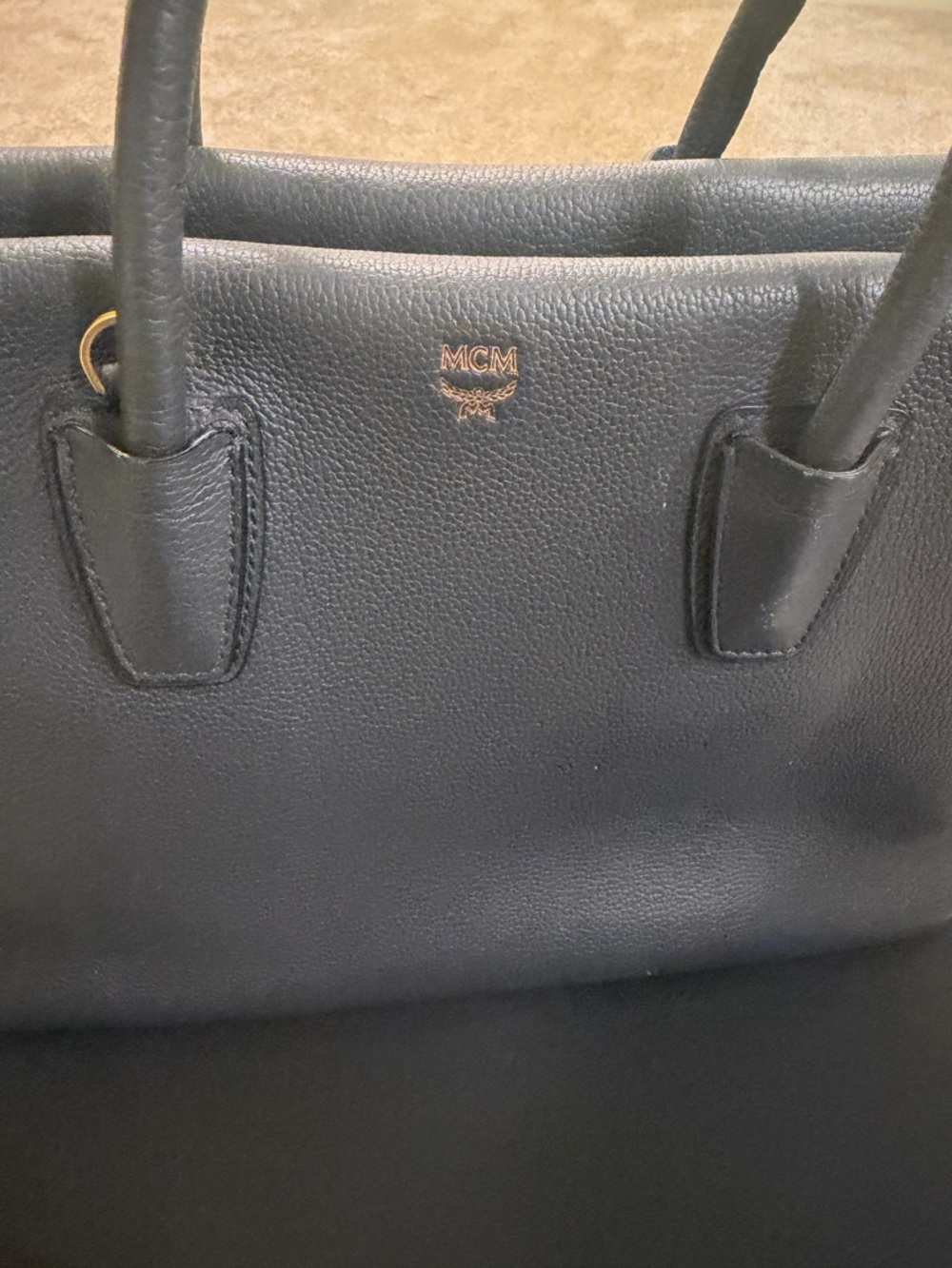 MCM Black Leather Structured Tote with Gold Logo